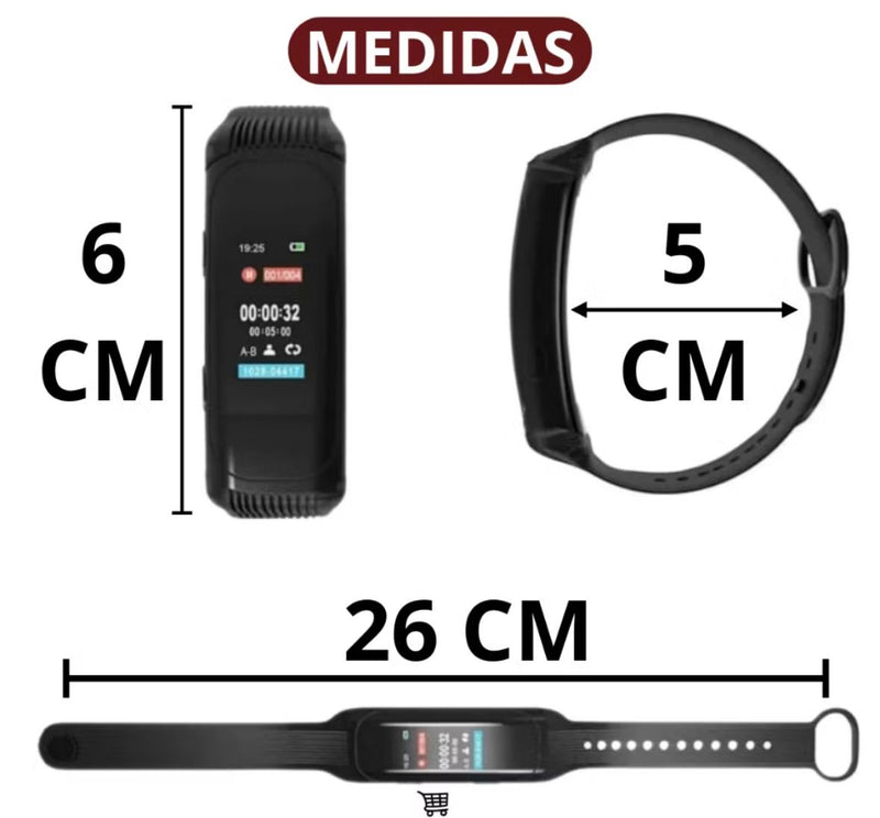 Mini gravador de voz em relógio de pulso digital.